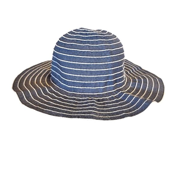 Straw Studios Dark Blue Denim and White Striped Floppy Straw Sun Hat - Picture 3 of 7